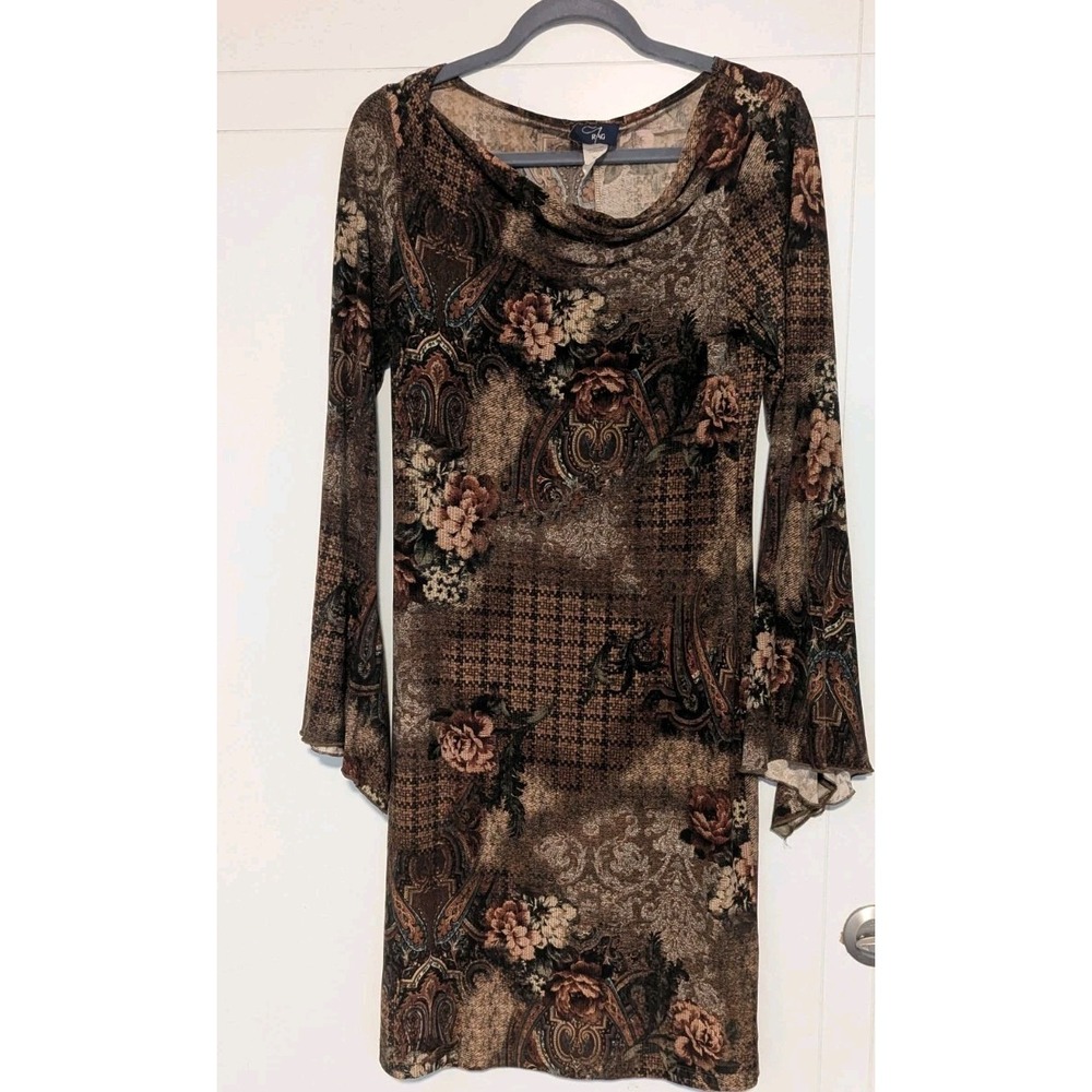 Vtg Rag Midi Dress M Brown Patchwork Bell Slv Whimsy Boho Fairy Forest Granola